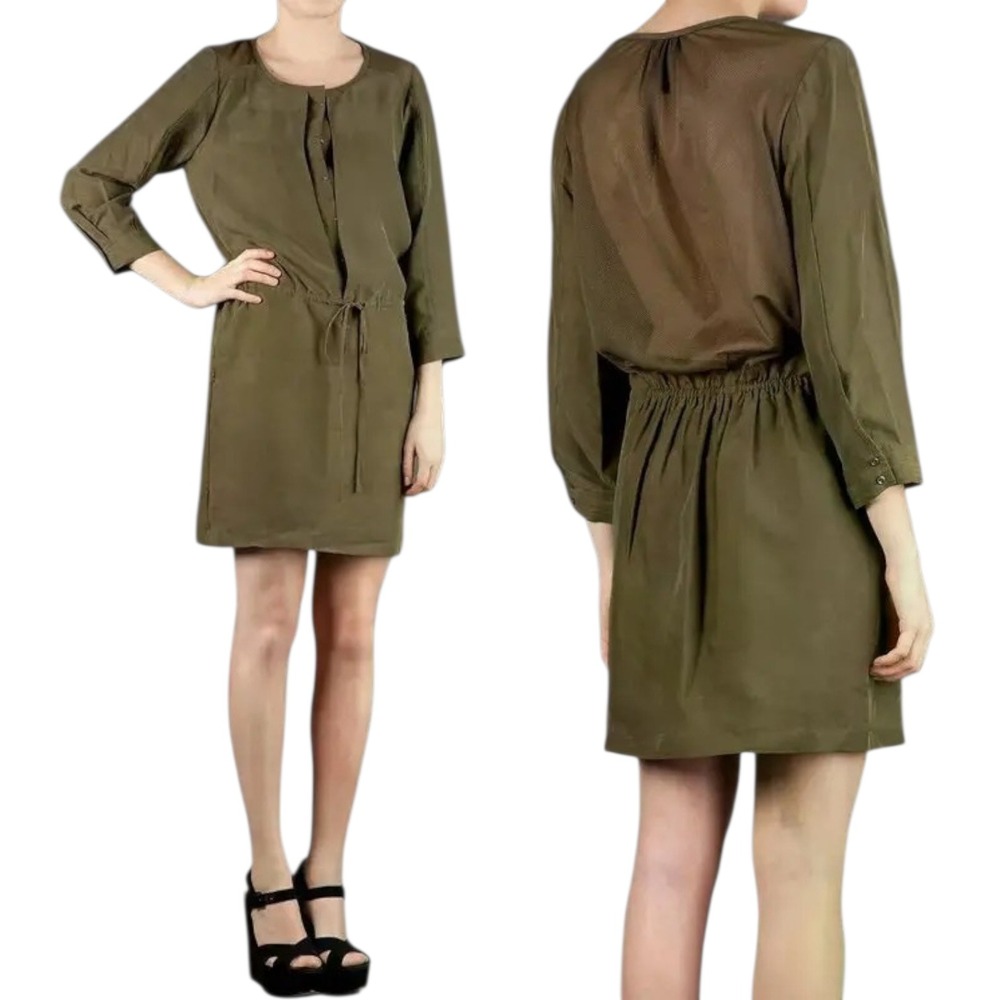 Edun Olive Green Silk Irish Mini Dress Mesh Back Long Sleeve Sz‎ M Casual